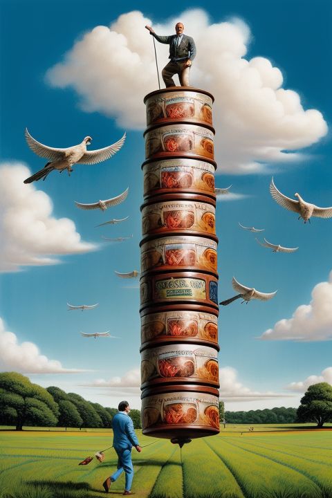 00003-3311330279-John Cleese walking on a cloud with giant tins of SPAM and cuckoo_clocks flying around, Silly Walk, (Monty Python Art Style by T.jpg